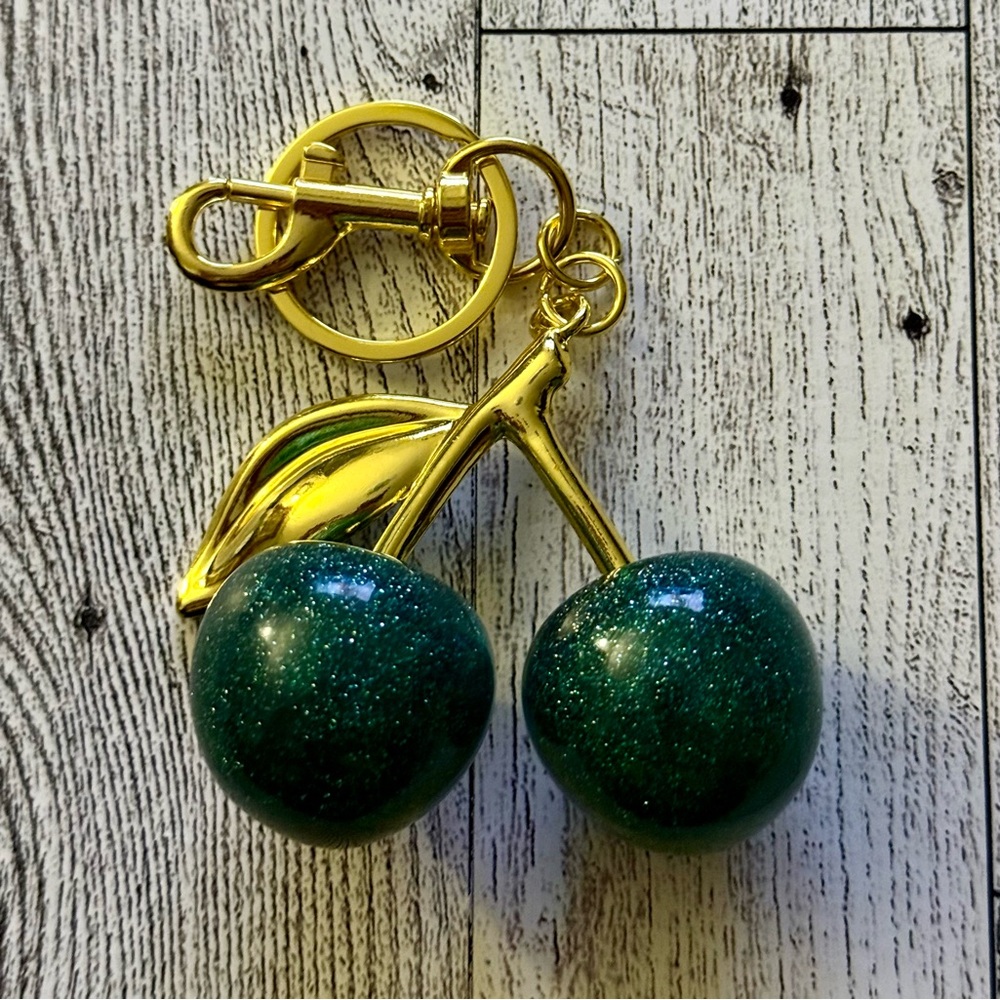 Gold and Green Sparkle Cherry Keychain Bag Charm